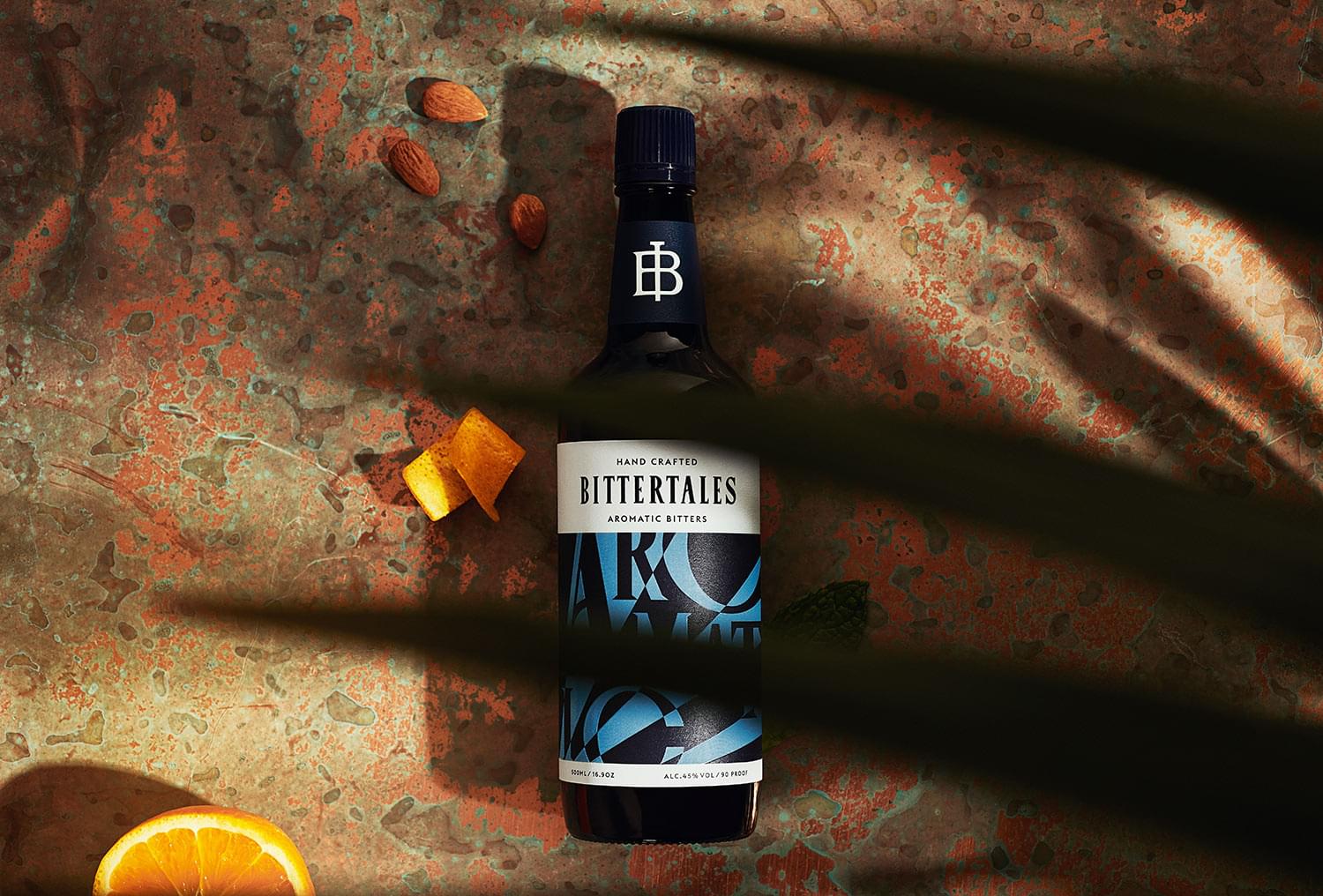 BITTERTALES bitters bottle on a bar table